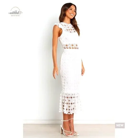 Midi Formal Dress with Lace Overlay, Backless, One Shoulder